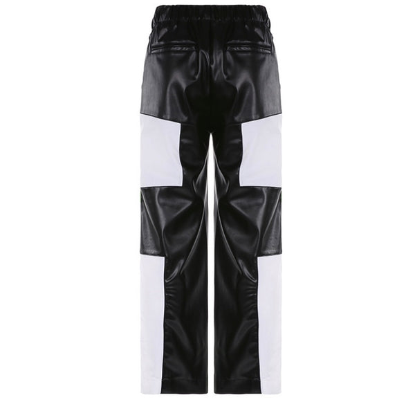 Women Fashion Color Patchwork Faux Leather Pants