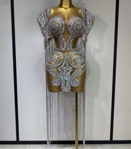 Women Sexy Sleeveless Sparkly Rhinestone Mesh Tassel Dress