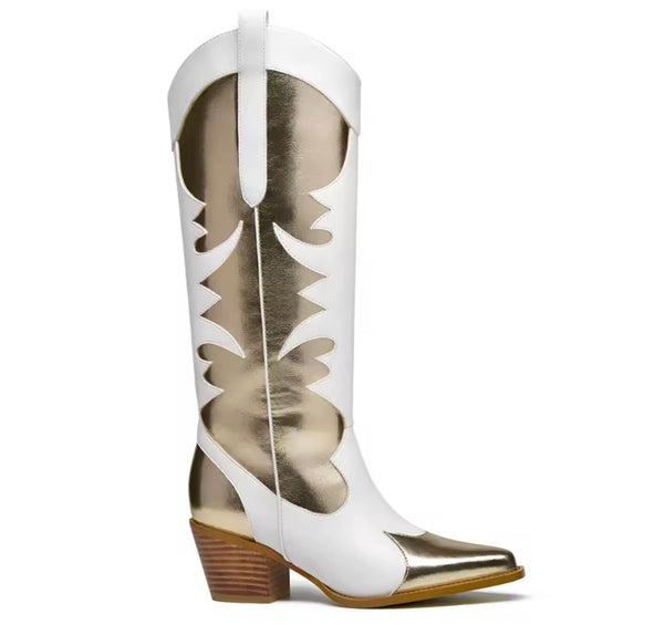 Women Color Patchwork Fashion Knee High Western Boots