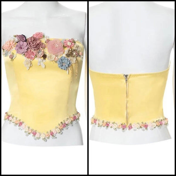 Women Sexy Yellow Floral Strapless Corset Top