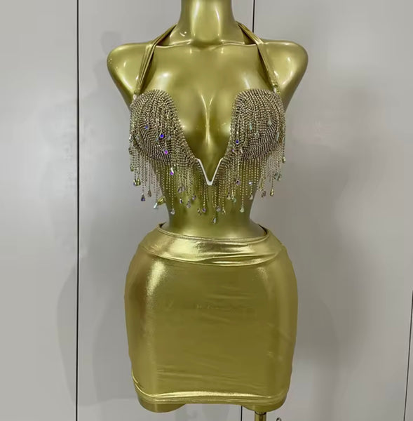 Women Rhinestone Tassel Halter Sleeveless Two Piece PU Skirt Set