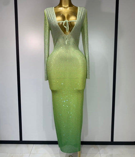 Women Sexy Green Gradient Bling Full Sleeve Maxi Dress