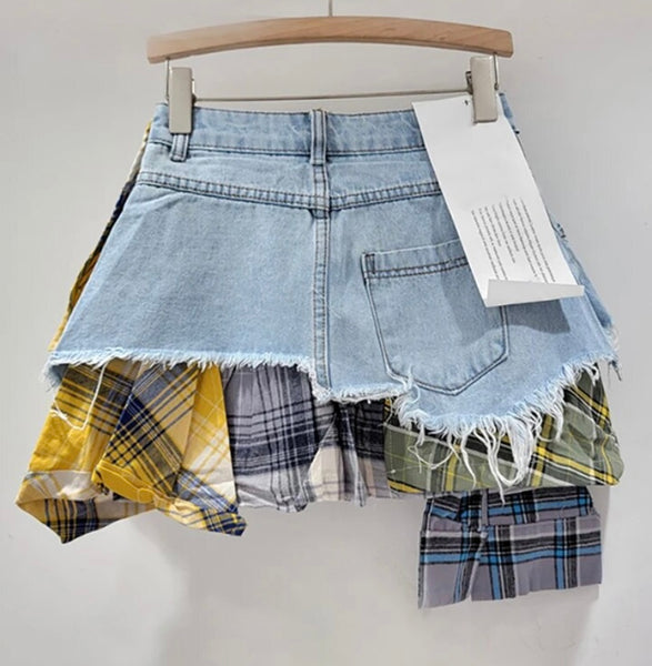 Women Fashion Colorful Plaid Patchwork Denim Skirt