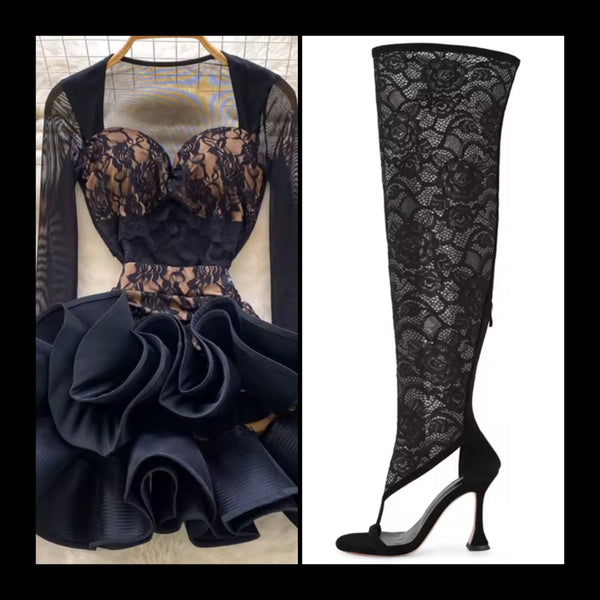 Women Black Open Toe Lace Fashion Knee High Boots