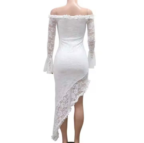 Women Off The Shoulder Full Sleeve Lace Asymmetrical Dress
