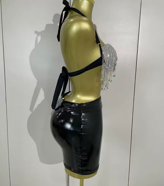 Women Rhinestone Tassel Halter Sleeveless Two Piece PU Skirt Set