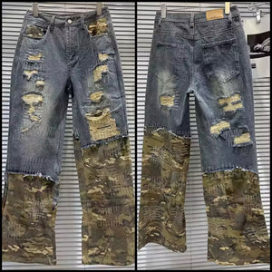Women Fashion Blue Ripped Camouflage Denim Pants