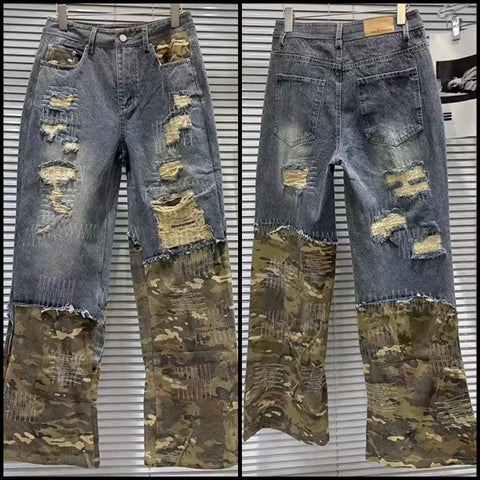Women Fashion Blue Ripped Camouflage Denim Pants