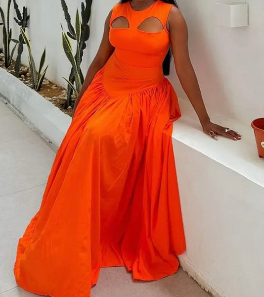 Women Orange Sexy Sleeveless Cut Out Pleated Maxi Dress