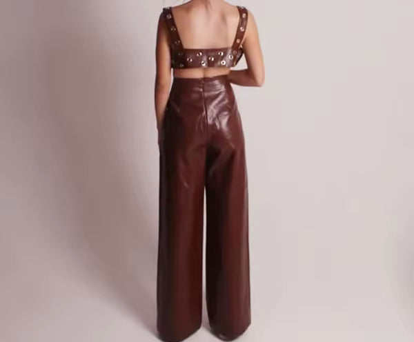Women Brown Rivet Sleeveless Sexy Two Piece Faux Leather Pant Set