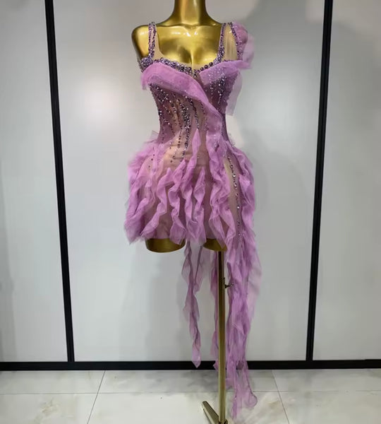 Women Sexy Lavender Ruffled Bling Sleeveless Tassel Dress
