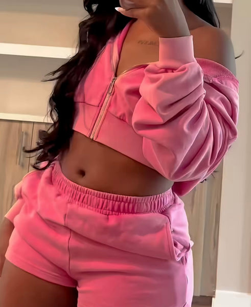 Women Fashion Pink Hooded Zip Up Two Piece Short Set
