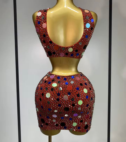 Women Sexy Sleeveless Bling Sequins Two Piece Skirt Set