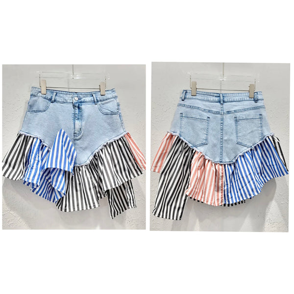 Women Fashion Color Striped Denim Skirt