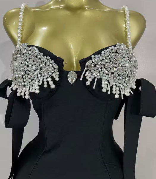 Women Sexy Pearl Rhinestone Sleeveless Bandage Dress
