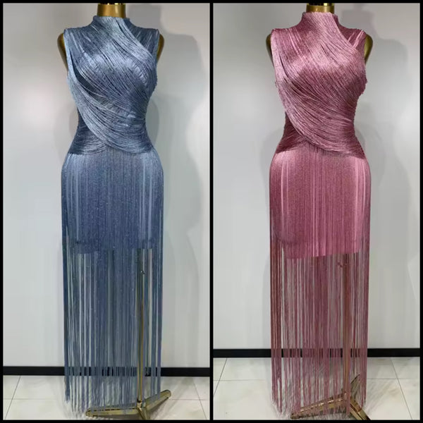 Women Sexy Sleeveless Fringe Tassel Maxi Dress