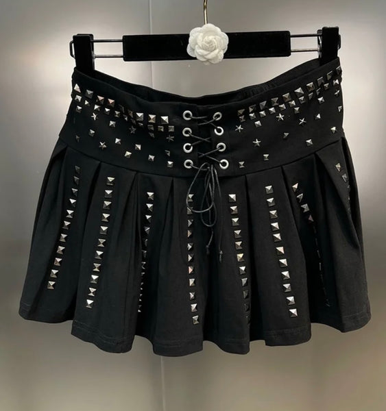 Women Black Sexy Rivet Sleeveless Two Piece Skirt Set