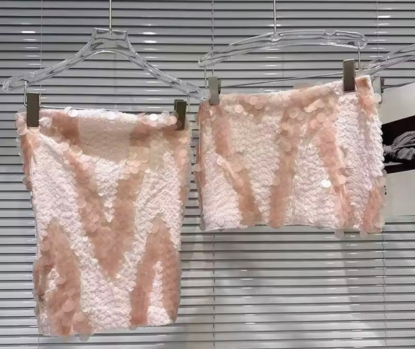 Women Sexy Strapless Open Back Sequins Two Piece Skirt Set