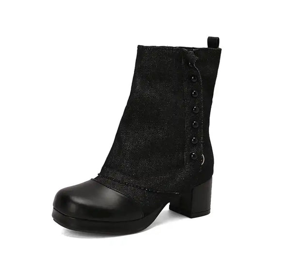 Women Fashion Button Denim Ankle Boots