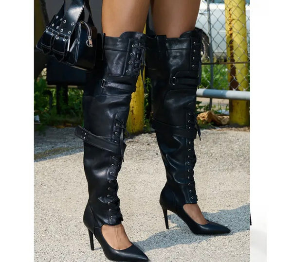 Women Fashion Black Buckled Lace Up Faux Leather Knee High Boots