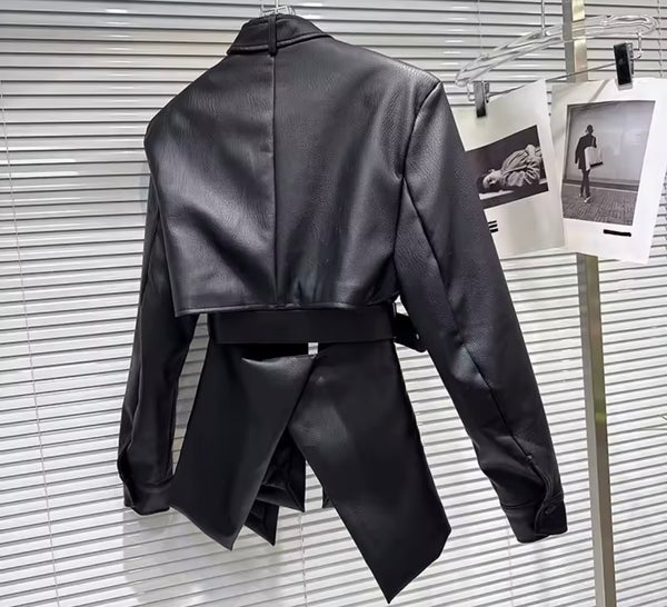 Women Fashion Black Faux Leather Open Back Blazer Jacket