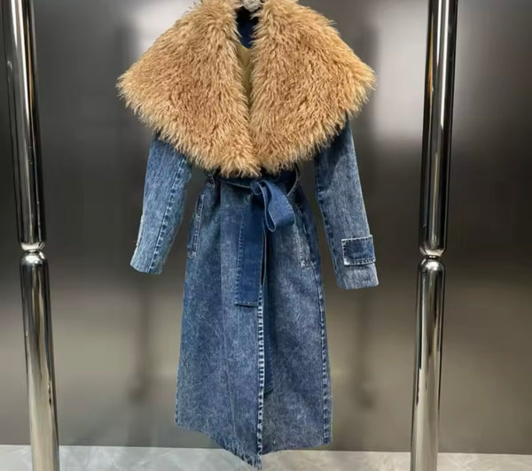 Women Fashion Faux Fur Patchwork Denim Trench Jacket