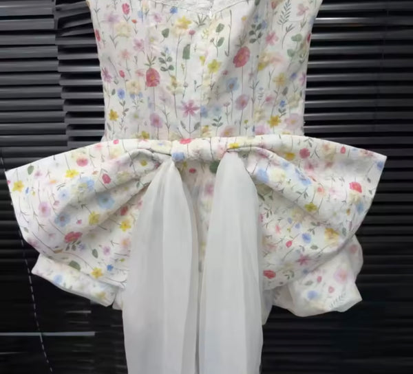 Women Floral Strapless Bow Two Piece Dress Set