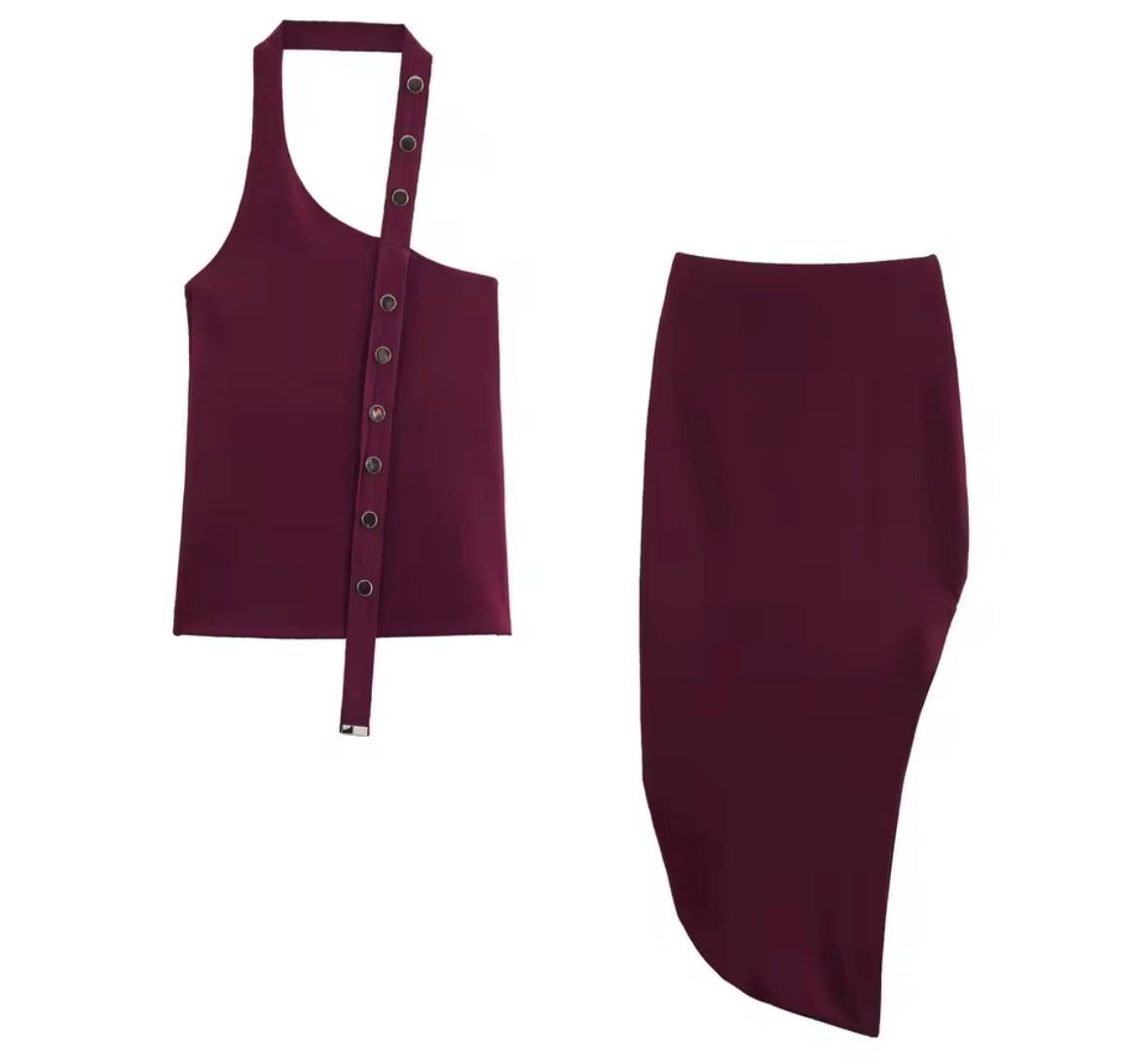 Women Sexy Halter Sleeveless Burgundy Two Piece Skirt Set