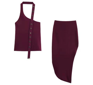 Women Sexy Halter Sleeveless Burgundy Two Piece Skirt Set