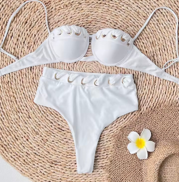 Women White Hollow Out Sexy Bikini Swimsuit