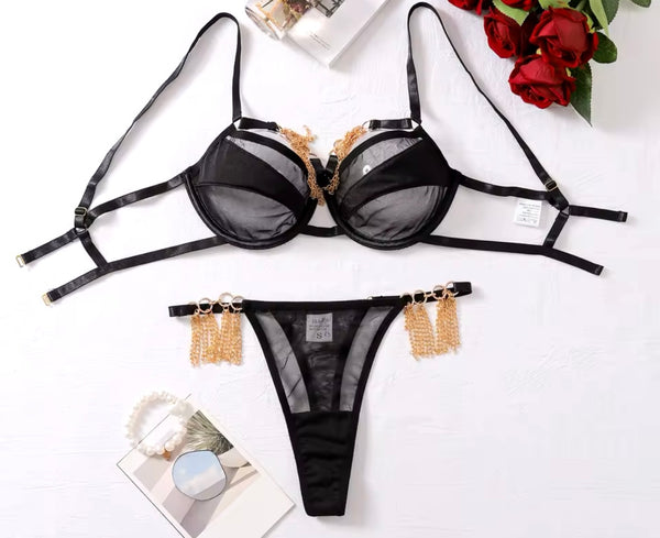 Women Sexy Black Chain Tassel Mesh Lingerie Set