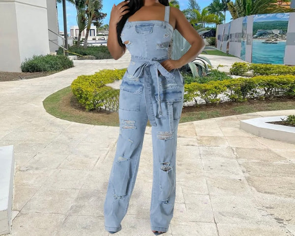 Women Fashion Sleeveless Ripped Denim Jumpsuit