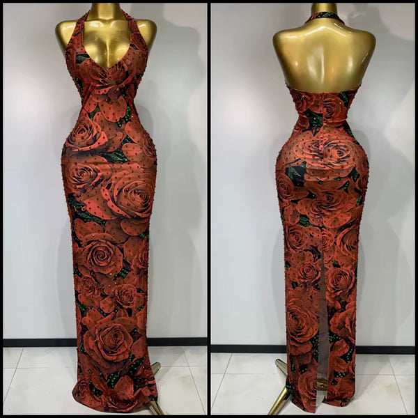 Women Sexy Halter Sleeveless Floral Rhinestone Maxi Dress