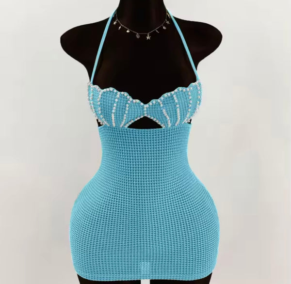 Women Sexy Sleeveless Pearl Halter Crochet Dress