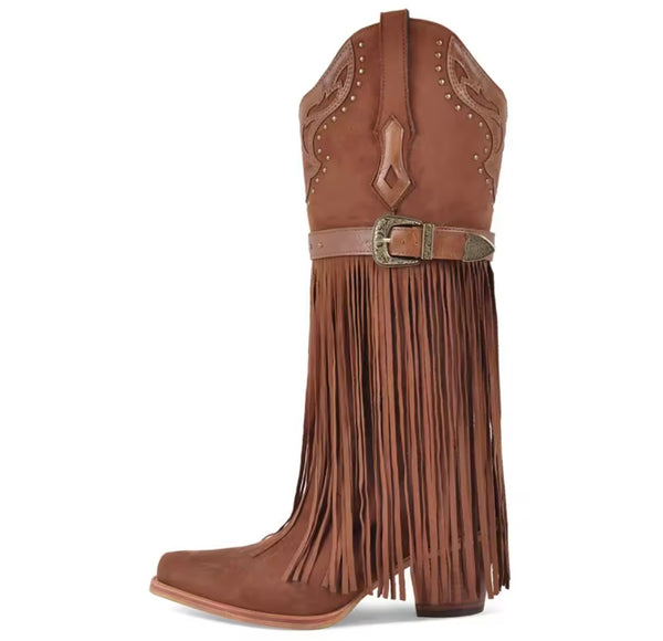 Women Buckled Fringe Tassel Fashion Knee High Western Boots
