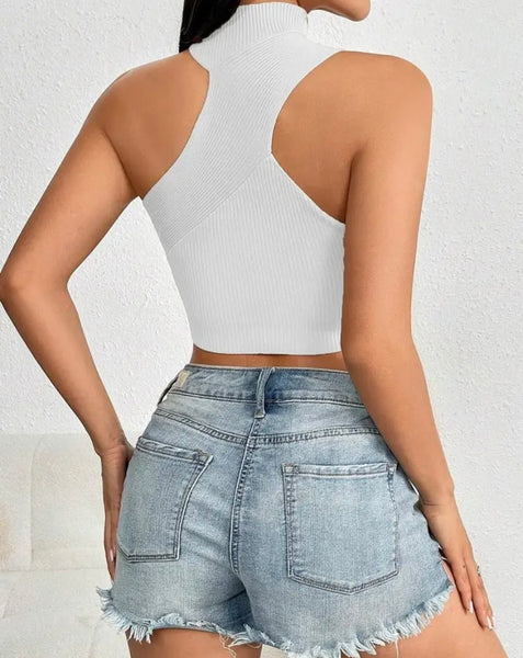 Women Sexy Ribbed One Shoulder Sleeveless Crop Top