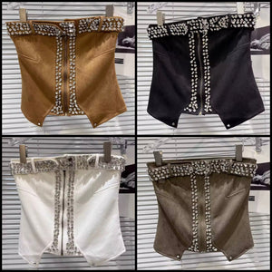 Women Fashion Strapless Suede Rhinestone Crop Top