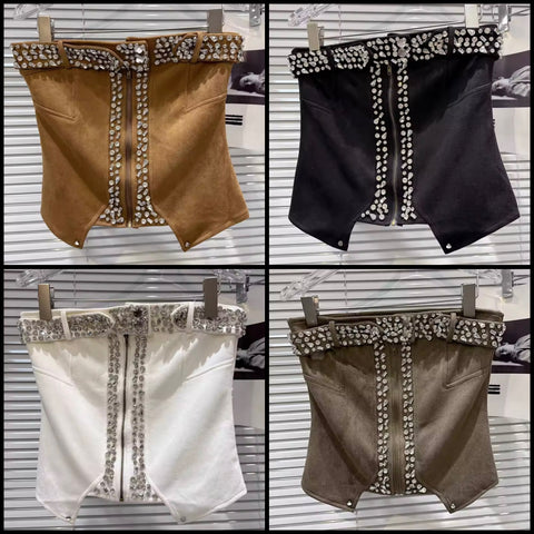 Women Fashion Strapless Suede Rhinestone Crop Top