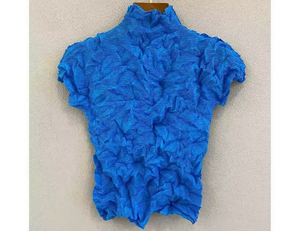 Women Color Short Sleeve Crinkle Fashion Top
