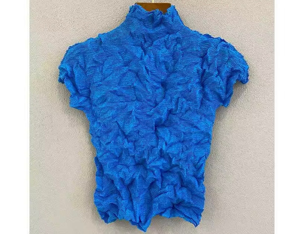 Women Color Short Sleeve Crinkle Fashion Top