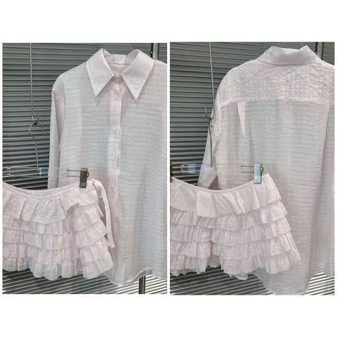 Women Button Up Pink Full Sleeve Ruffled Two Piece Skirt Set