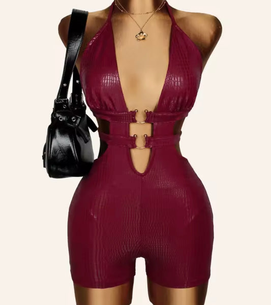 Women Sexy Burgundy PU Halter Sleeveless Cut Out Romper