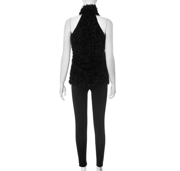 Women Sexy Sleeveless Furry Black Two Piece Pant Set