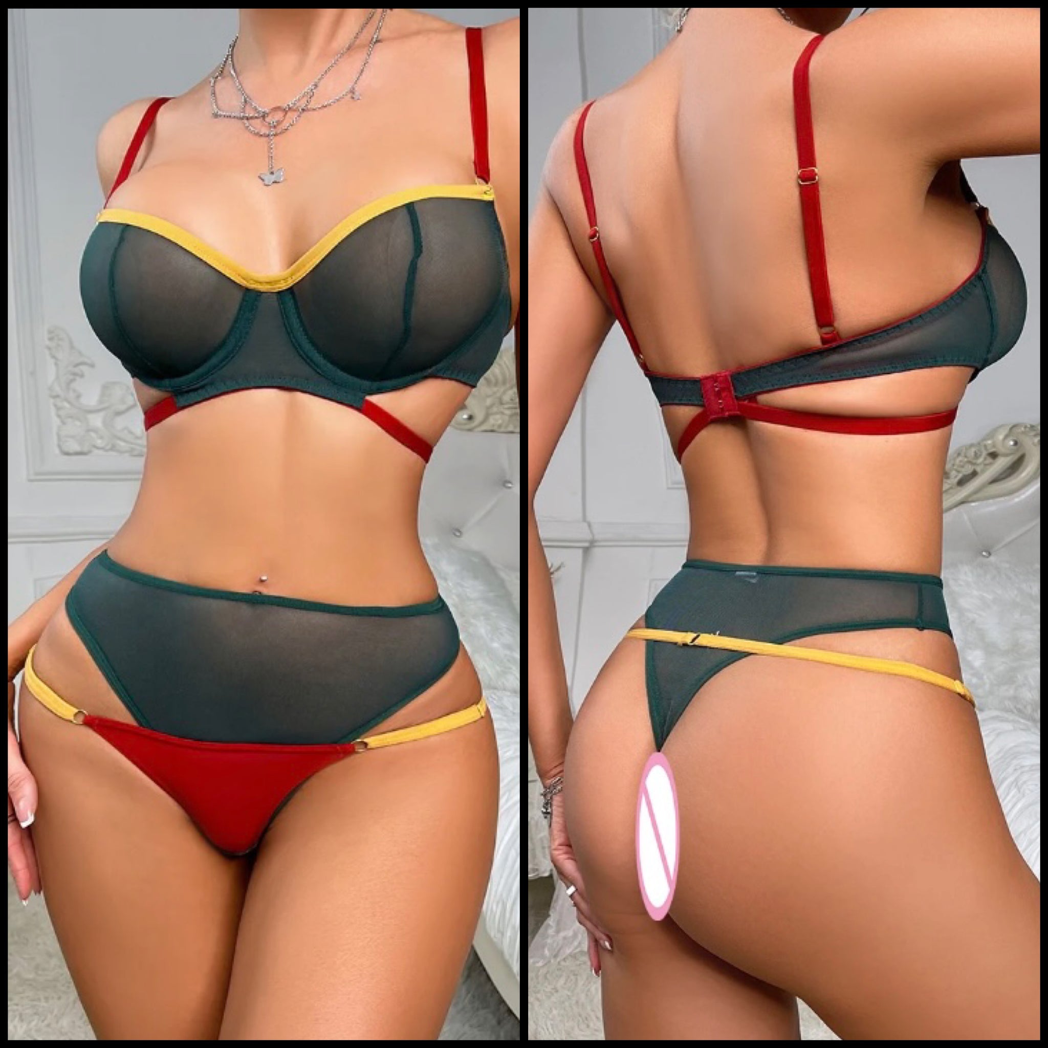 Women Sexy Color Patchwork Mesh Lingerie Set