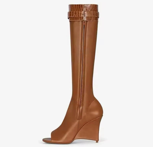 Women Open Toe Buckled Lock Faux Leather Knee High Boots