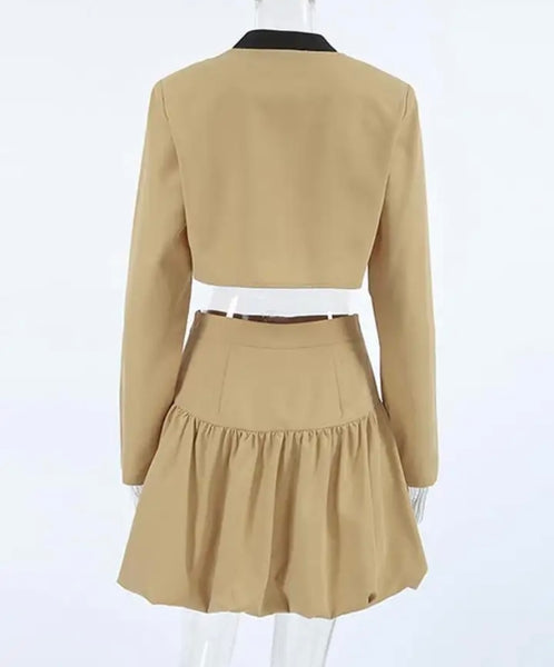 Women Sexy Fashion Full Sleeve Khaki Two Piece Skirt Set