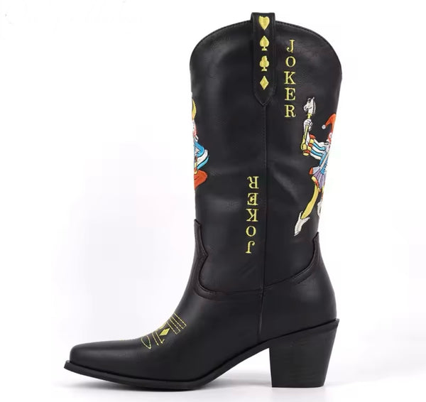 Women Fashion Black Joker Print Western Boots