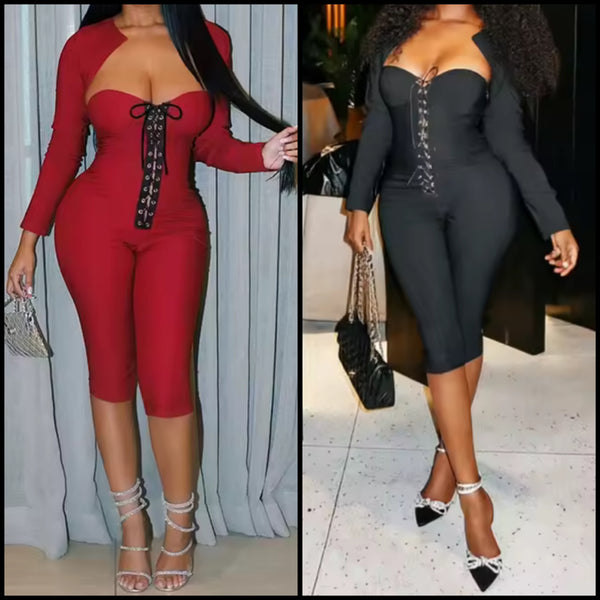 Women Sexy Fashion Lace Up Two Piece Capri Jumpsuit Set