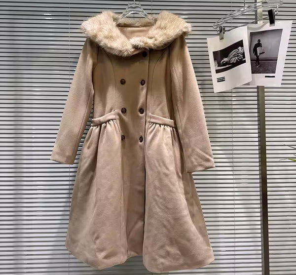 Women Faux Fur Patchwork Button Up Warm Wool Trench Jacket