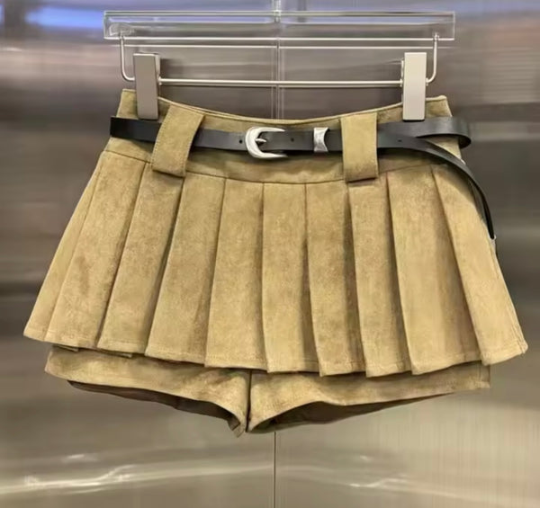 Women Fashion Suede Pleated Short Skirt